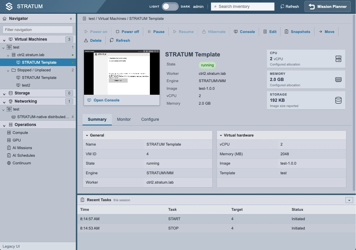 STRATUM Legacy UI virtual machine dashboard