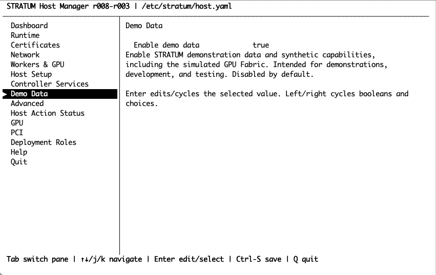 stratum-host Demo Data menu